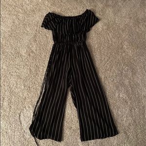 Black and white stripe off the shoulder jumpsuit